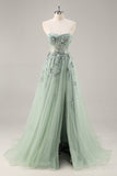 Blue Strapless A Line Sequins Tulle Corset Long Prom Dress With Slit