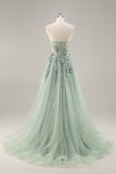 Blue Strapless A Line Sequins Tulle Corset Long Prom Dress With Slit