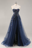 Blue Strapless A Line Sequins Tulle Corset Long Prom Dress With Slit