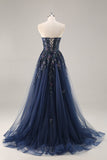 Blue Strapless A Line Sequins Tulle Corset Long Prom Dress With Slit