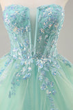 Strapless A Line Green Corset Long Prom Dress with Sequins