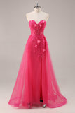 Fuchsia Corset Slit Strapless Long Prom Dress with Appliques