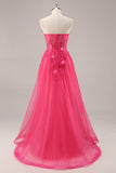 Fuchsia Corset Slit Strapless Long Prom Dress with Appliques