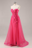 Fuchsia Corset Slit Strapless Long Prom Dress with Appliques