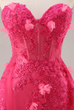 Fuchsia Corset Slit Strapless Long Prom Dress with Appliques