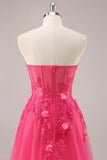 Fuchsia Corset Slit Strapless Long Prom Dress with Appliques