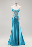 Mermaid Satin Corset Blue Prom Dress with Beadings