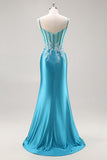 Mermaid Satin Corset Blue Prom Dress with Beadings
