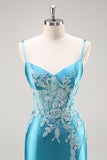 Mermaid Satin Corset Blue Prom Dress with Beadings