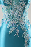 Mermaid Satin Corset Blue Prom Dress with Beadings