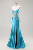 Mermaid Satin Corset Blue Prom Dress with Beadings
