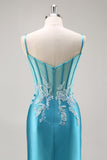 Mermaid Satin Corset Blue Prom Dress with Beadings