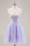 Sparkly Purple A Line Corset Tulle Tiered Graduation Dress with Sequins