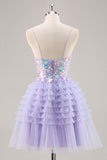 Purple Tulle Tiered A Line Graduation Dress with Appliques