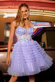 Sparkly Purple A Line Corset Tulle Tiered Graduation Dress with Sequins