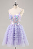 Purple Tulle Tiered A Line Graduation Dress with Appliques