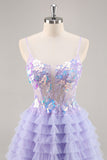Purple Tulle Tiered A Line Graduation Dress with Appliques