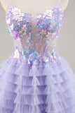 Purple Tulle Tiered A Line Graduation Dress with Appliques