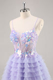 Purple Tulle Tiered A Line Graduation Dress with Appliques
