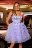 Sparkly Purple A Line Corset Tulle Tiered Graduation Dress with Sequins