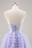 Purple Tulle Tiered A Line Graduation Dress with Appliques