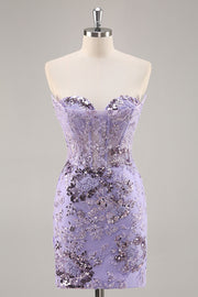 Strapless Beaded Bodycon Purple Graduation Dress with Appliques