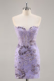 Strapless Beaded Bodycon Purple Graduation Dress with Appliques