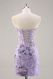 Strapless Beaded Bodycon Purple Graduation Dress with Appliques