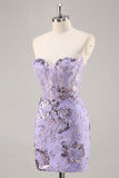 Strapless Beaded Bodycon Purple Graduation Dress with Appliques