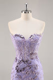 Strapless Beaded Bodycon Purple Graduation Dress with Appliques