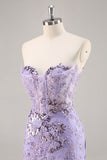 Strapless Beaded Bodycon Purple Graduation Dress with Appliques