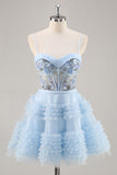 Blue Beaded A Line Corset Graduation Dress