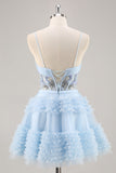 Blue Beaded A Line Corset Graduation Dress