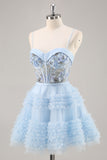 Blue Beaded A Line Corset Graduation Dress