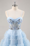 Blue Beaded A Line Corset Graduation Dress