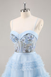 Blue Beaded A Line Corset Graduation Dress