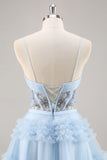 Blue Beaded A Line Corset Graduation Dress