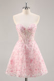 Corset Strapless A Line Pink Floral Graduation Dress with Appliques
