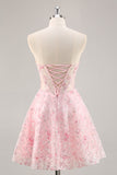 Corset Strapless A Line Pink Floral Graduation Dress with Appliques