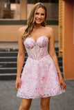 Corset Strapless A Line Pink Floral Graduation Dress with Appliques