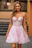 Corset Strapless A Line Pink Floral Graduation Dress with Appliques