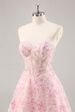 Pink Corset A Line Strapless Graduation Dress with Appliques