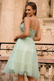 Green A Line Appliqued Corset Graduation Dress