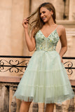 Green A Line Appliqued Corset Graduation Dress