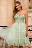 Green A Line Appliqued Corset Graduation Dress