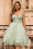 Green A Line Appliqued Corset Graduation Dress
