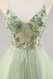 Green Applique Corset A Line Graduation Dress