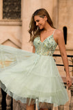 Green A Line Appliqued Corset Graduation Dress