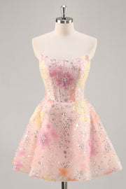 Floral Corset Sequin Strapless Pink Graduation Dress