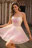Sparkly Strapless Corset Sequins Pink Graduation Dress with Appliques